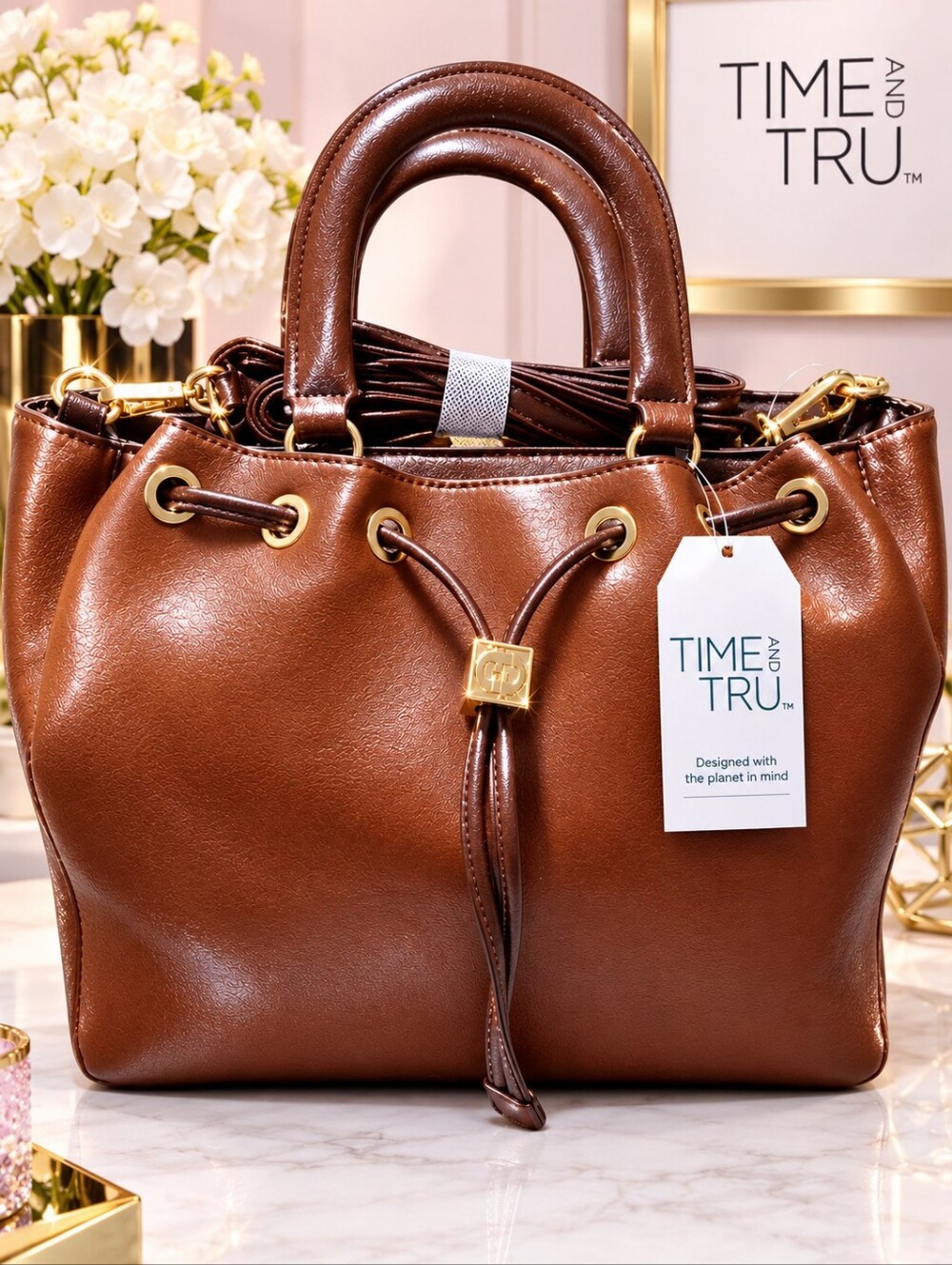 TIME AND TRU BROWN FAUX LEATHER Drawstring TOTE Satchel
